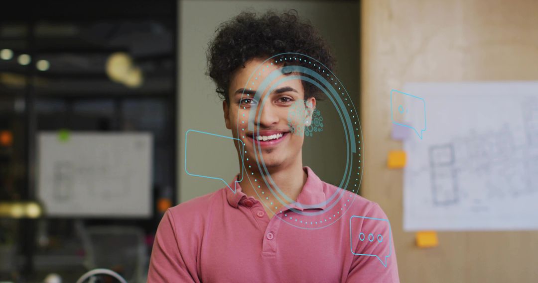 Young professional using augmented reality facial UI in modern collaborative workspace