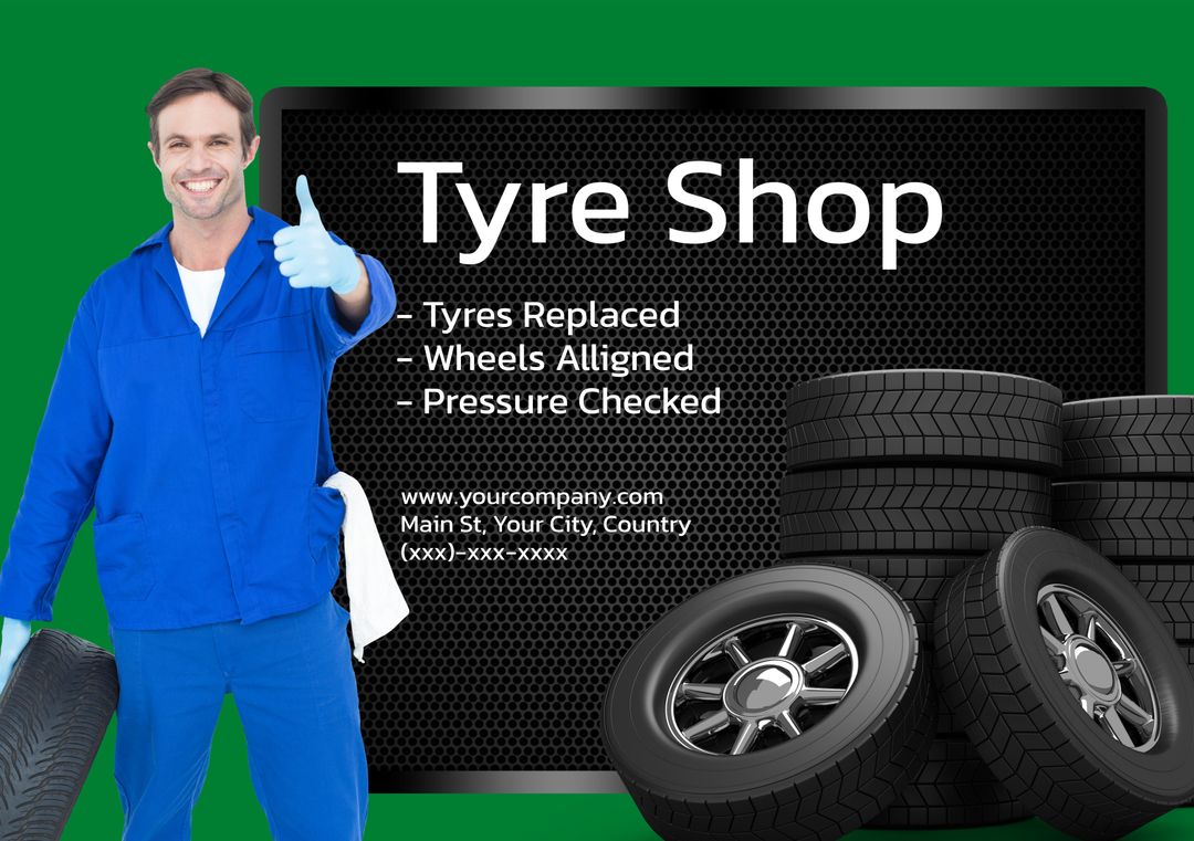 Mechanic Displaying Thumbs Up Automotive Tire Shop Advertisement - Download Free Stock Templates Pikwizard.com