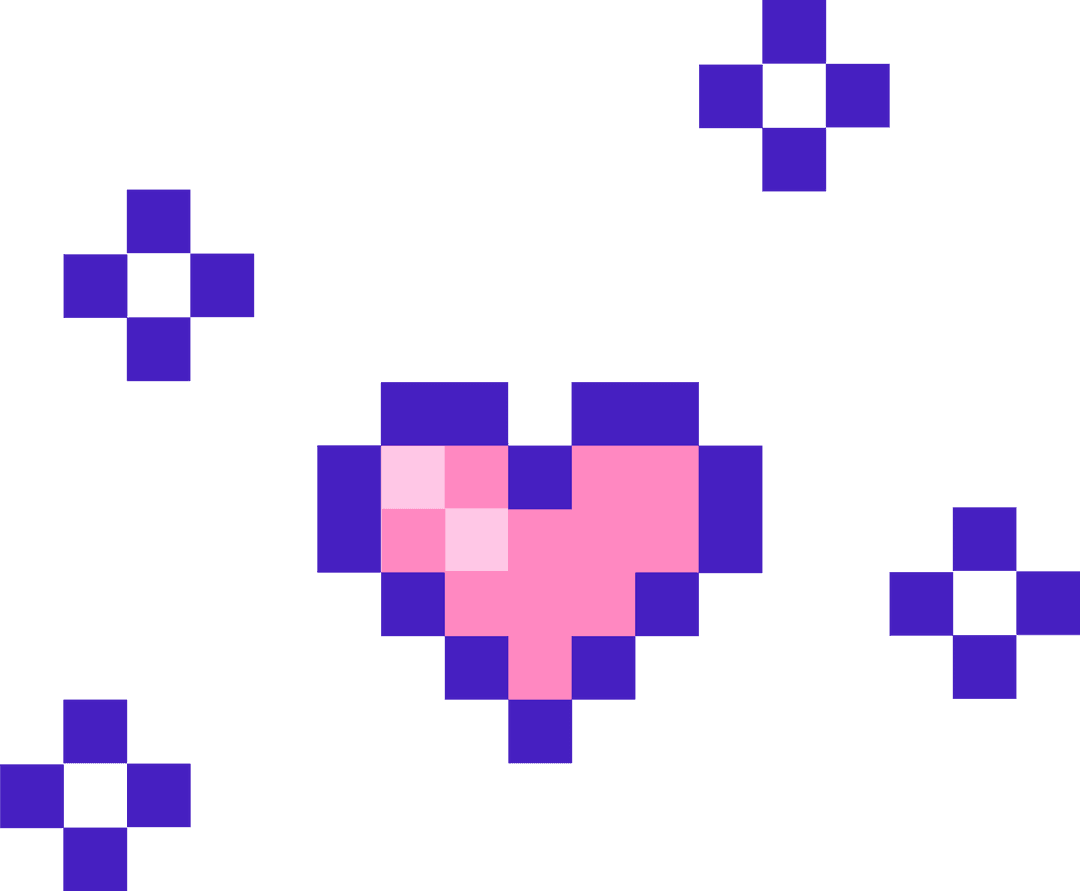 Transparent 8-Bit Pixel Art Heart Icon with Purple Sparkles