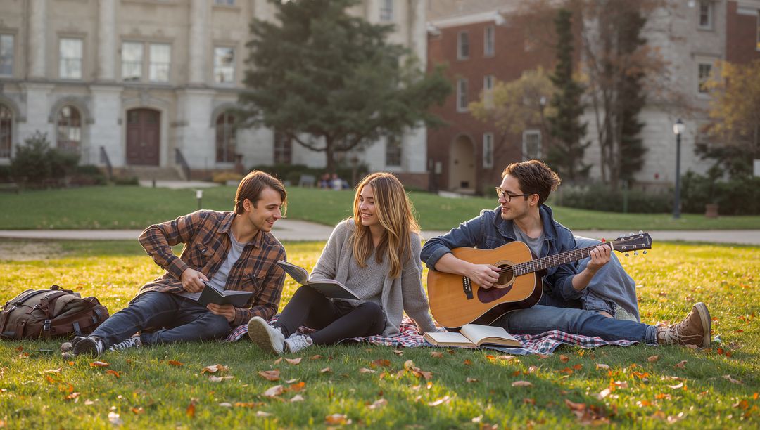 College Students Relaxing and Reading with Guitar on Campus Lawn