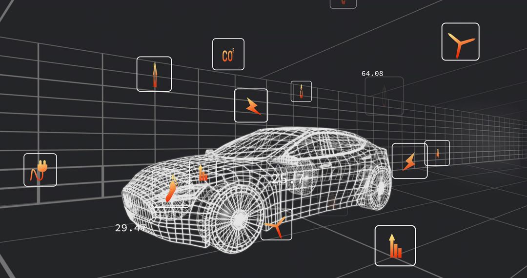Futuristic Wireframe Car with Data and Analytics Display