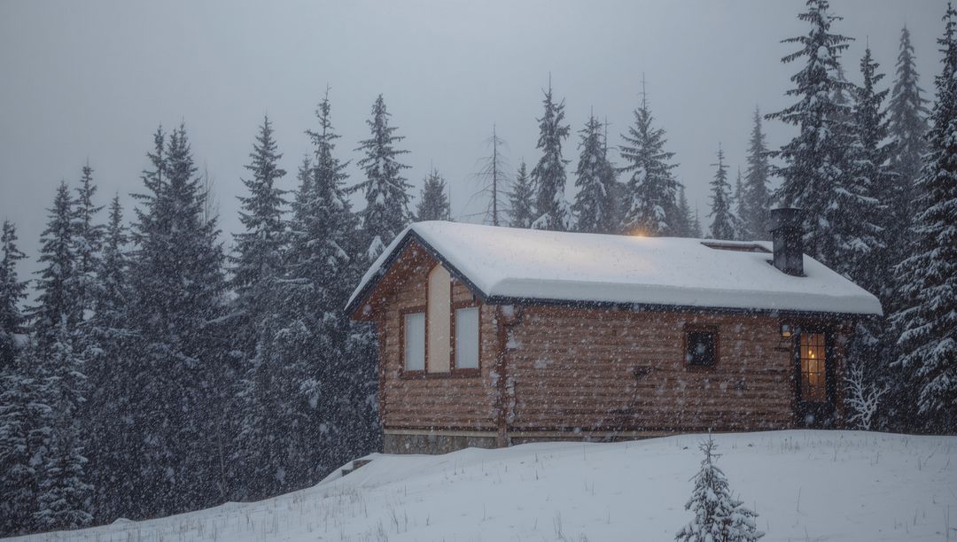 Nestling Snowy Cabin Glowing Warm Light on Remote Forest Hillside During Heavy Snowfall