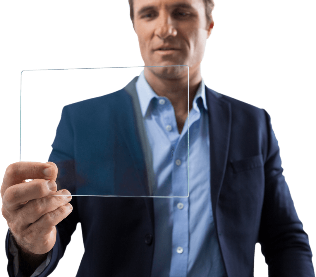 Businessman Holding Transparent Glass Digital Interface