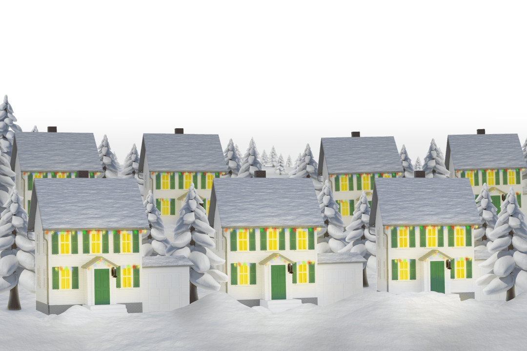 Snow-Covered Winter Cottages with Pine Trees on Transparent Background