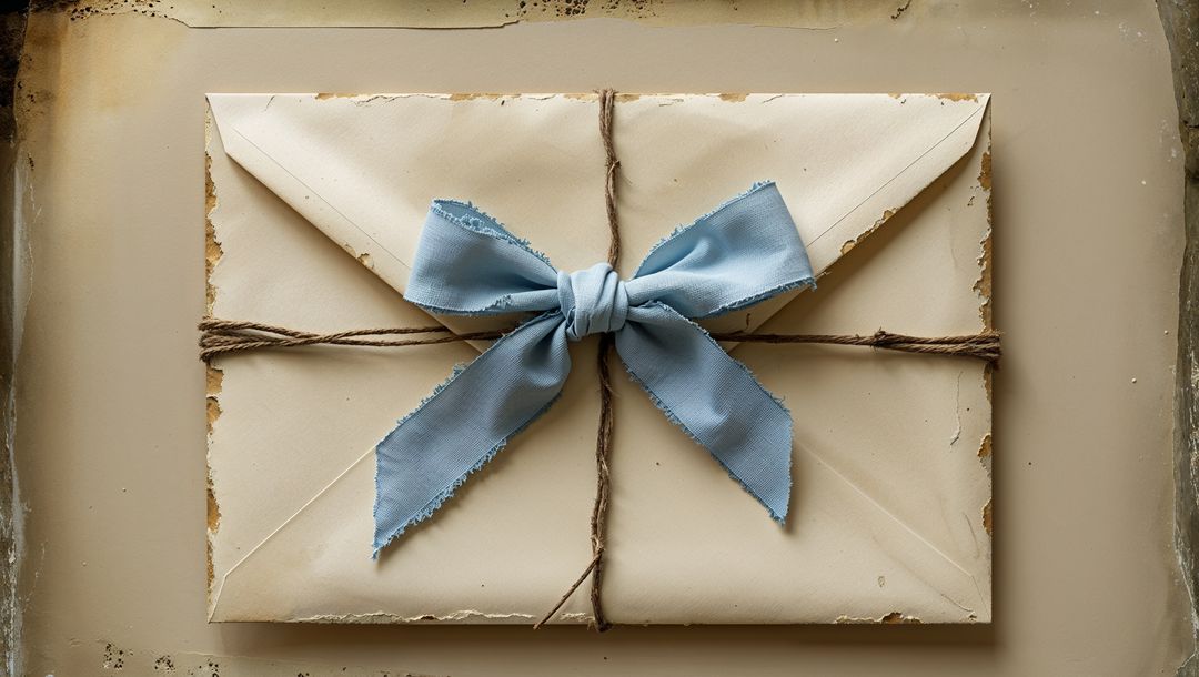 Vintage envelope with blue ribbon bow and twine