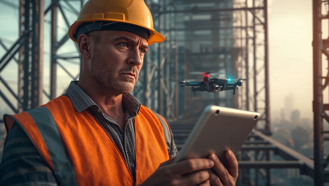 Foreman Monitors Construction with Drone for Advanced Safety Measures