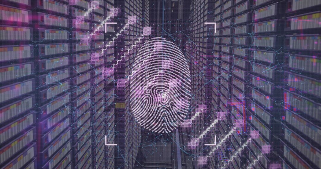 Biometric Fingerprint Overlays Server Room in Cyber Security Concept