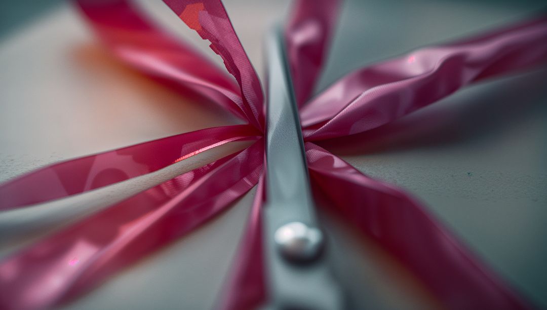Artistic Close-up of Scissors Cutting Pink Ribbon Strips