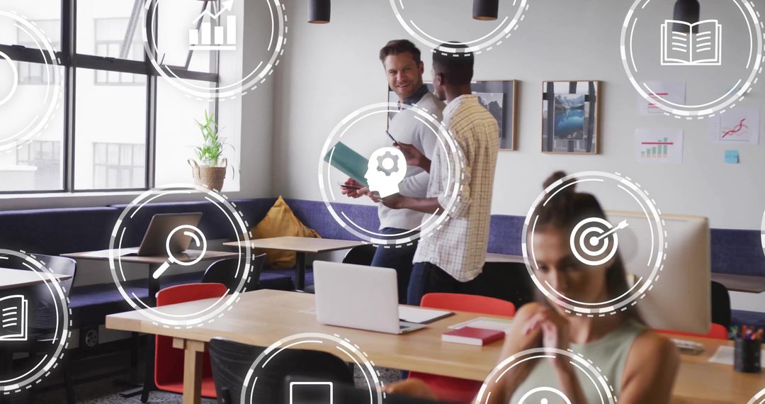 Coworking team collaborating over laptop and teal folder with productivity icons overlay