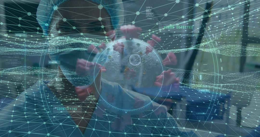 Researcher Analyzing 3D Virus Model with Data Overlay in Laboratory