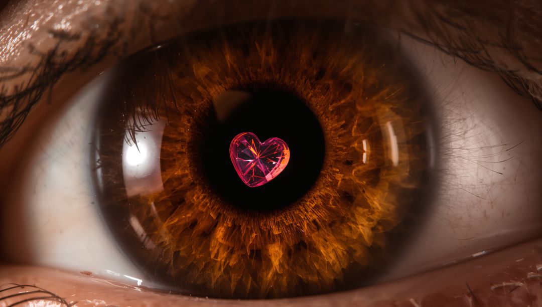 Hazel Iris Macro with Heart-Shaped Pink Reflection in Pupil, Close-Up Conceptual Love View