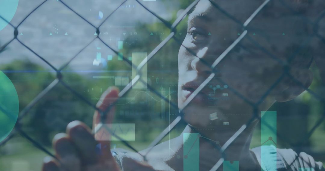 Woman by Fence Overlaid with Global Data Concept