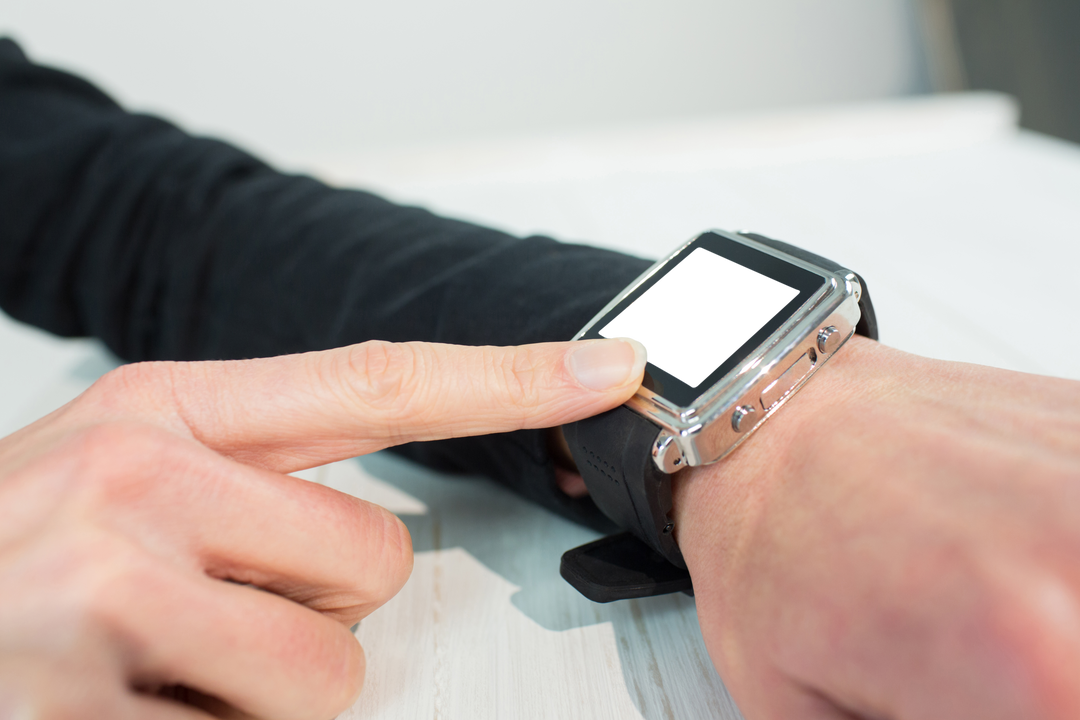 Businesswoman Interacts with Smartwatch Display in Transparent Studio Setting - Download Free Stock Images Pikwizard.com