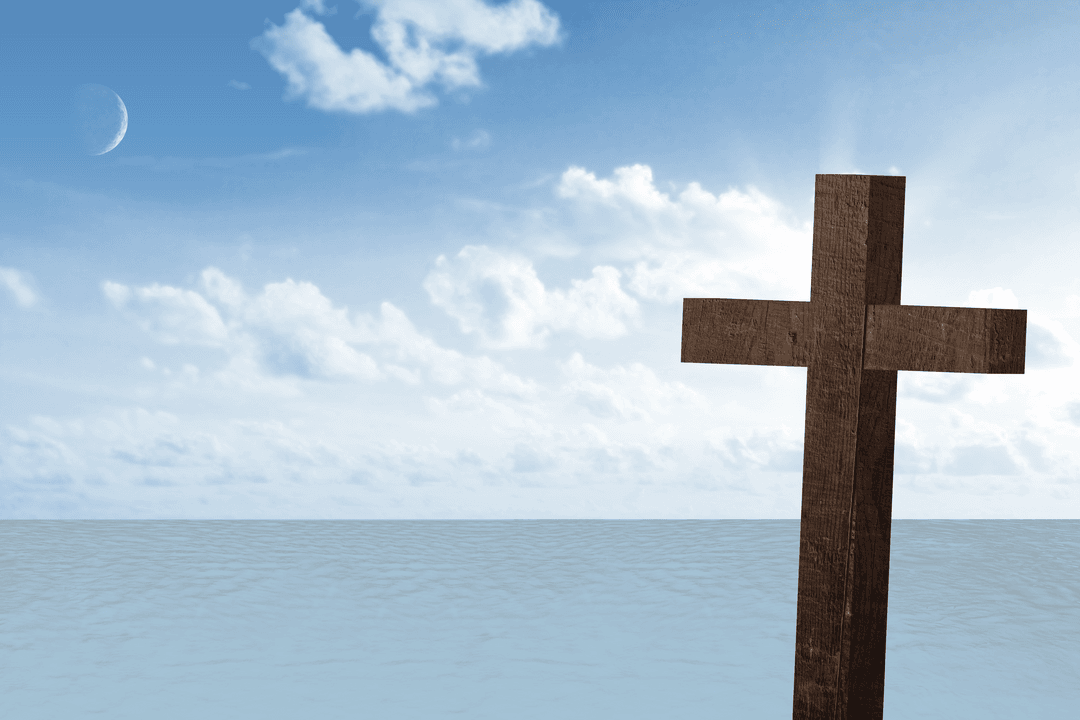 Wooden Cross Over Sea and Moon Background on Transparent Background