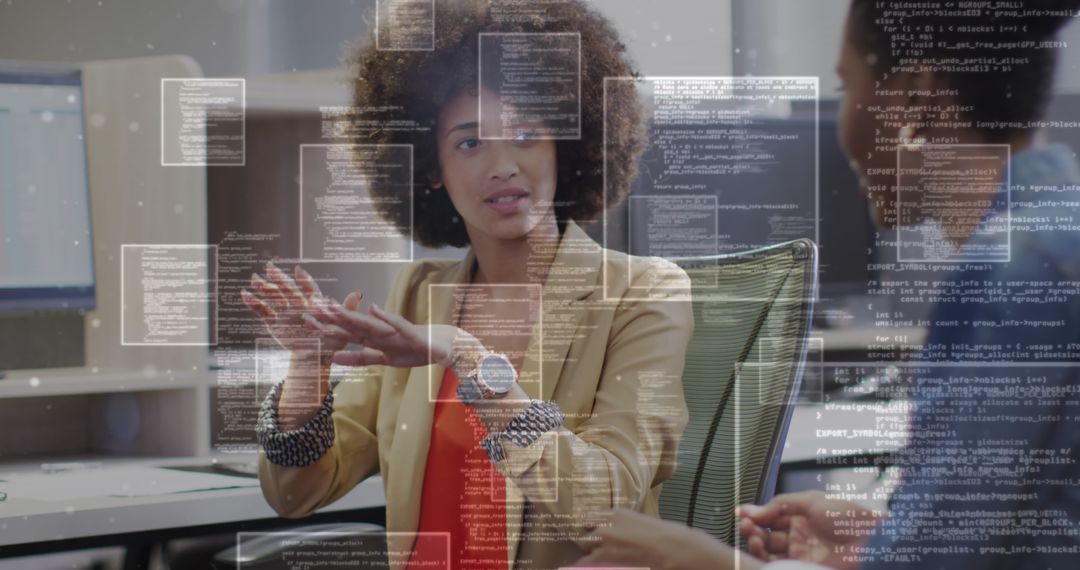 Financial Data Analysis Meeting in Modern Office with Collaborative Algorithm Display