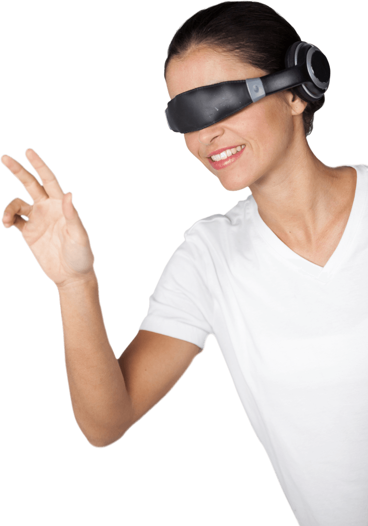 Smiling Woman Engaging with Virtual Reality on Transparent Background