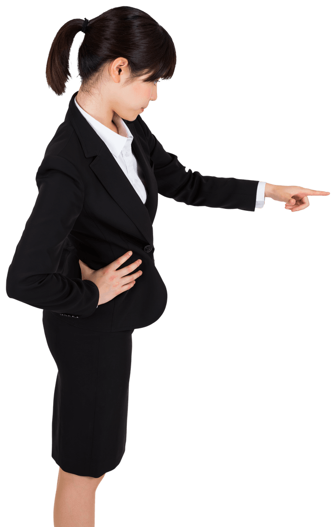 Transparent Asian Businesswoman in Suit Pointing with Assertiveness