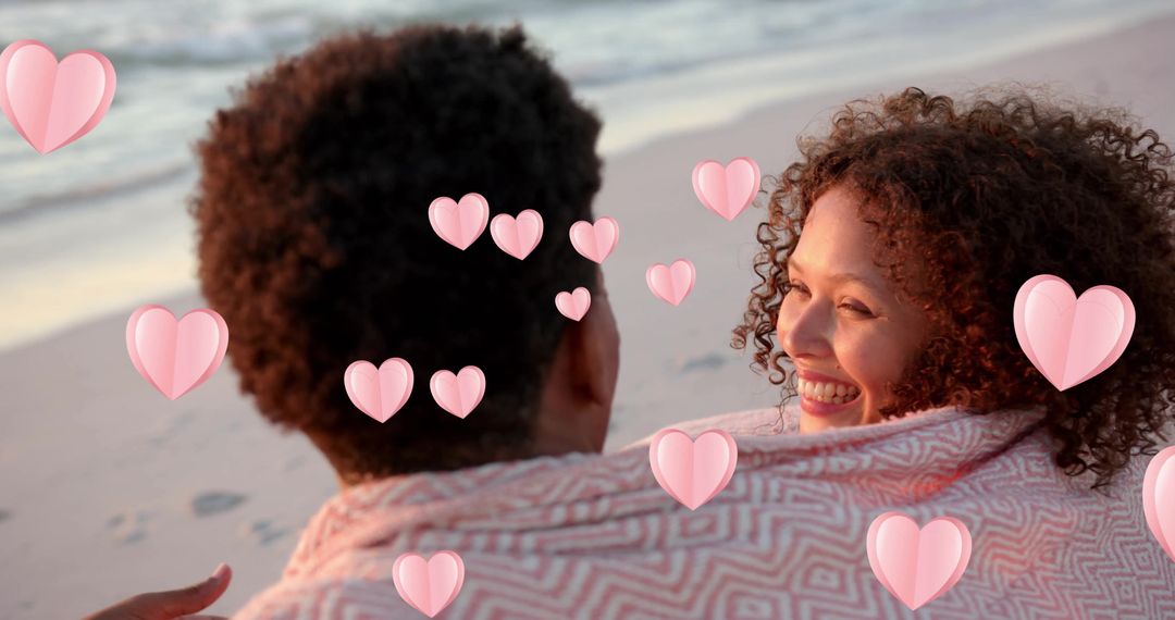 Romantic Couple Embracing at Beach with Animated Hearts