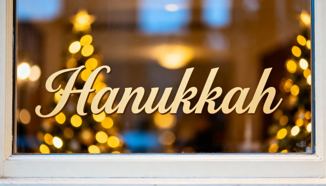 Cream Script Hanukkah Window Decal with Warm Holiday Bokeh Lights and Subtle Storefront Glow