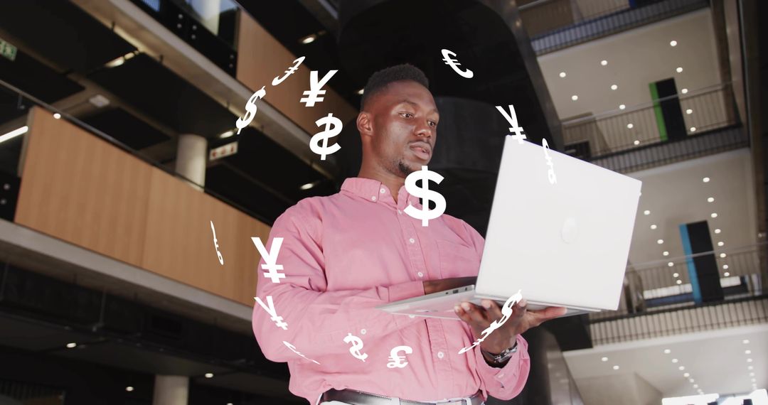 Business Professional Analyzing Fintech with Floating Currency Symbols