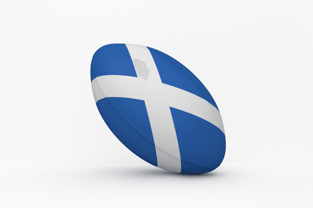 Transparent Rugby Ball with Scottish Flag on White Background