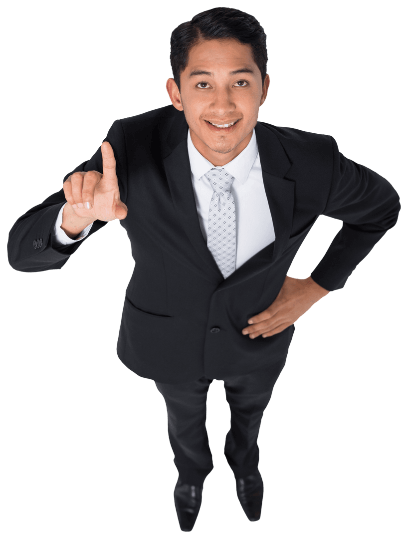 Smiling Businessman Pointing Up on Transparent Background