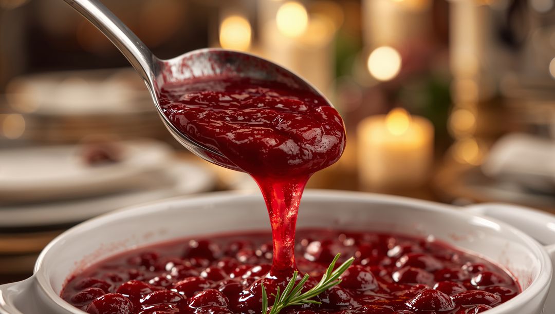 Pouring Cranberry Sauce from Spoon into White Bowl with Whole Cranberries and Rosemary
