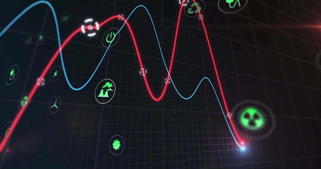 Digital Graphs with Virtual Tech Icons on Black Background