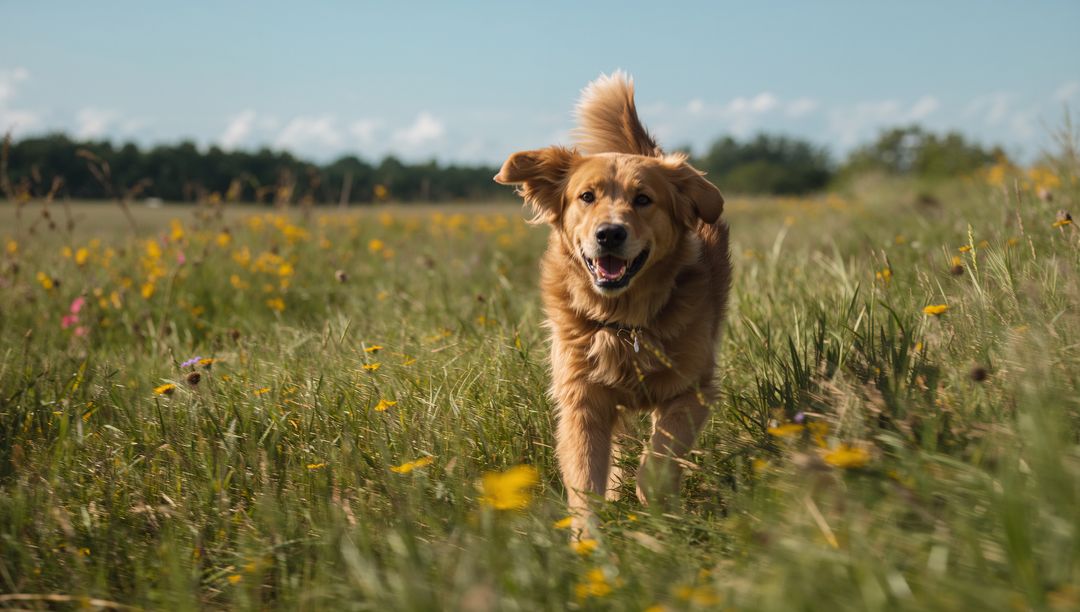 Joyful Golden Retriever Running Through Sunlit Wildflower Meadow Panting With Collar Tag