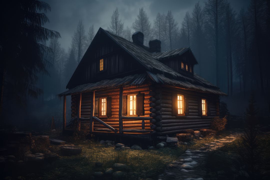 Rustic Cabin in Mysterious Foggy Forest at Night - Free Images, Stock Photos and Pictures on Pikwizard.com