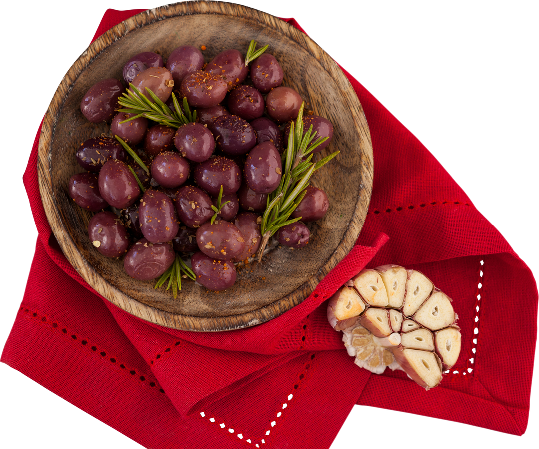 Transparent Bowl of Marinated Olives with Rosemary and Garlic on Red Fabric - Download Free Stock Images Pikwizard.com