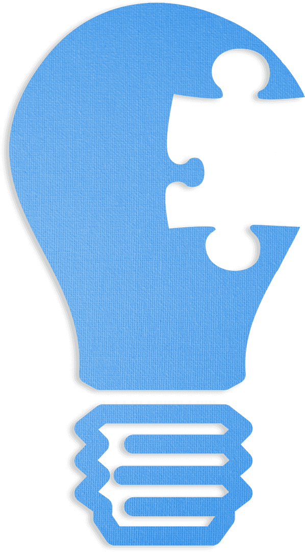 Transparent Blue Light Bulb with Puzzle Piece Cutout on White Background