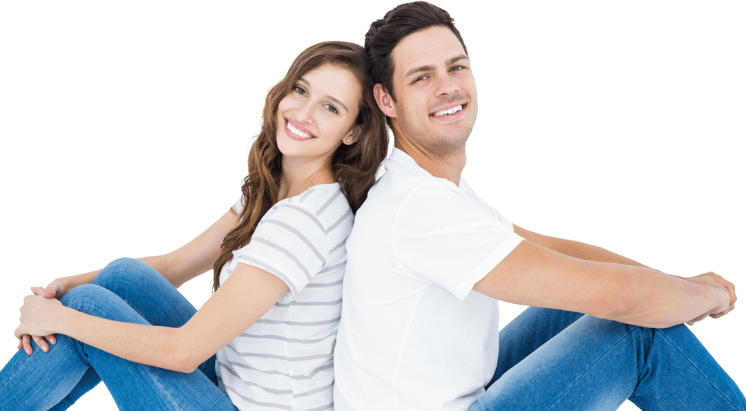 Transparent Smiling Young Couple Relaxing Back to Back