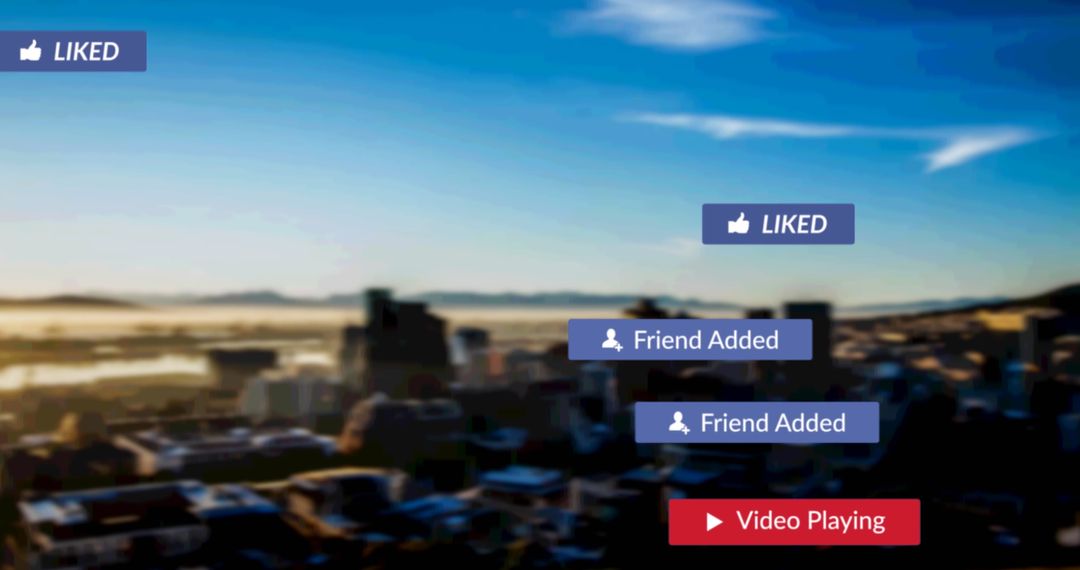 Blurred Cityscape with Social Media Interaction Pop-Ups