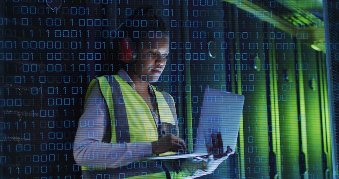 IT Engineer with Laptop Analyzing Data in Server Room