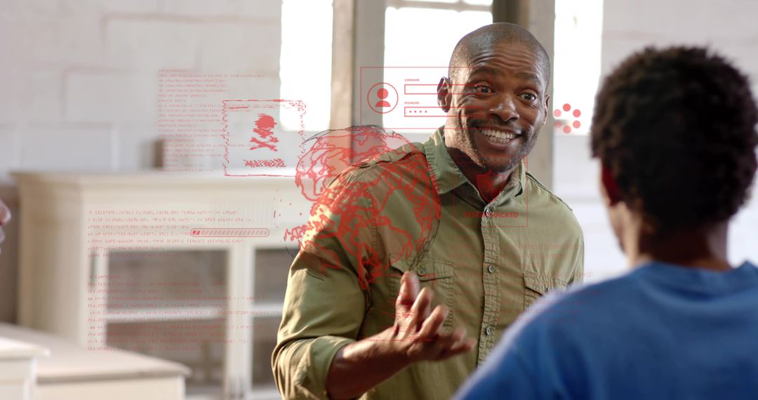 Black professional leading team meeting with red holographic tech overlay for collaboration