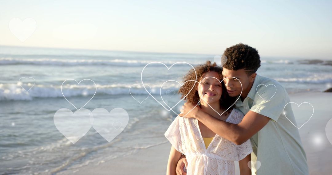 Romantic Couple Hugging on Beach with Heart Effects