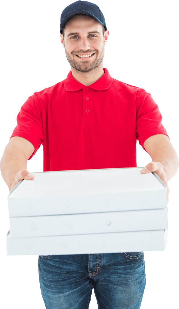 Smiling Delivery Person Offering Pizza Boxes on Transparent Background