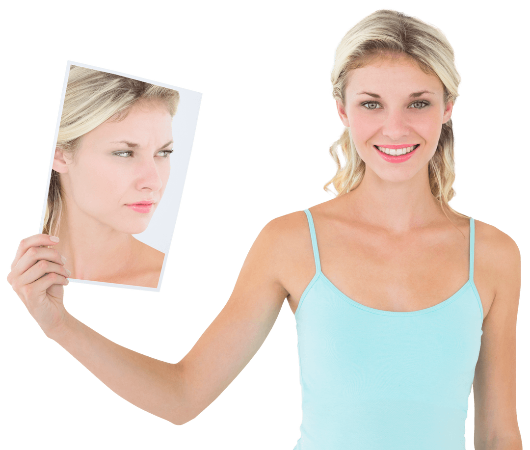 Smiling Caucasian Woman Holding Her Photo on Transparent Background