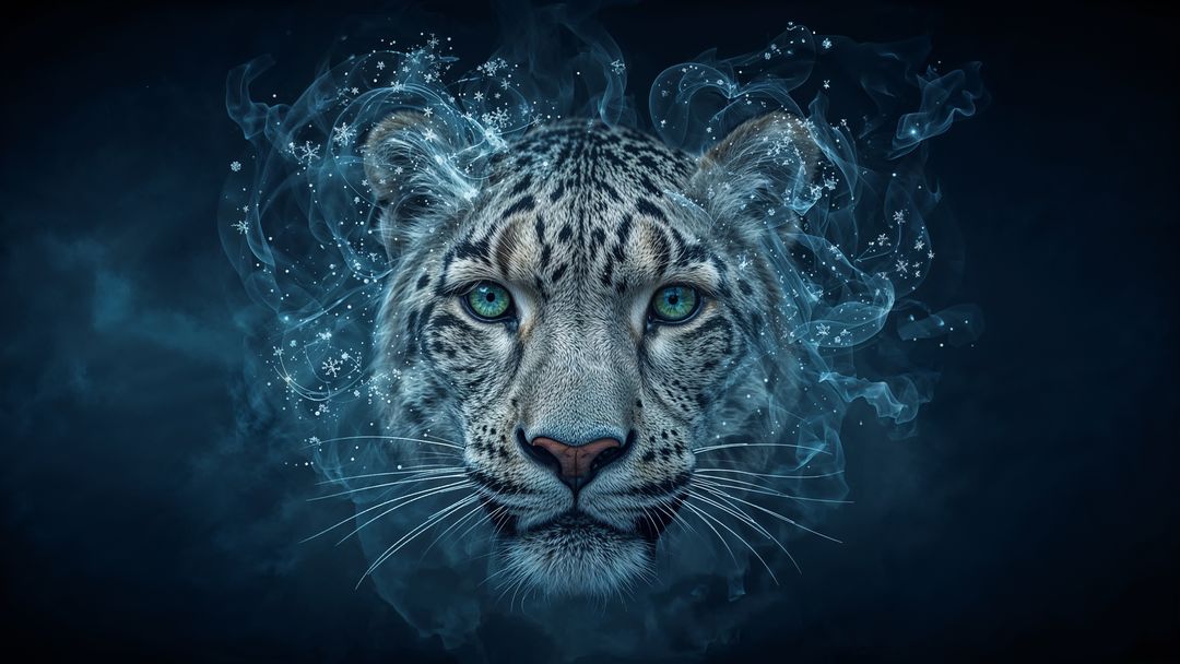 Mystical Snow Leopard Head with Swirling Mist and Snowflakes