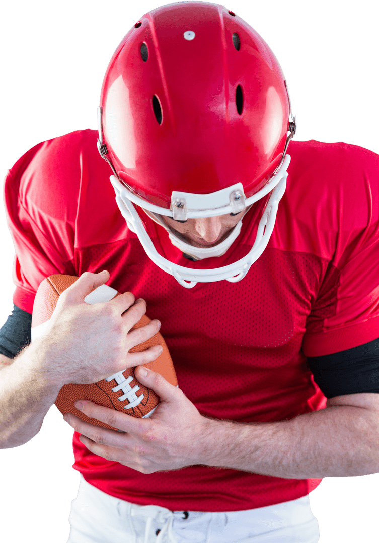 American Football Player Protecting Ball in Red Uniform on Transparent Background
