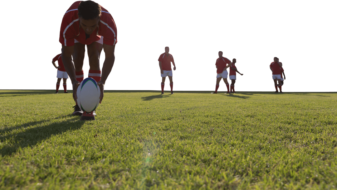 Transparent Background Rugby Player Preparing Kick on Sunny Day