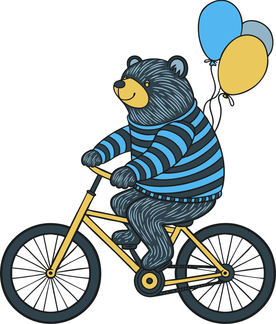Bear in Blue Sweater Biking with Balloons, Transparent Background