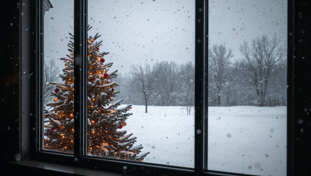 Festive Tree Glowing by Window in Snowy Winter Wonderland
