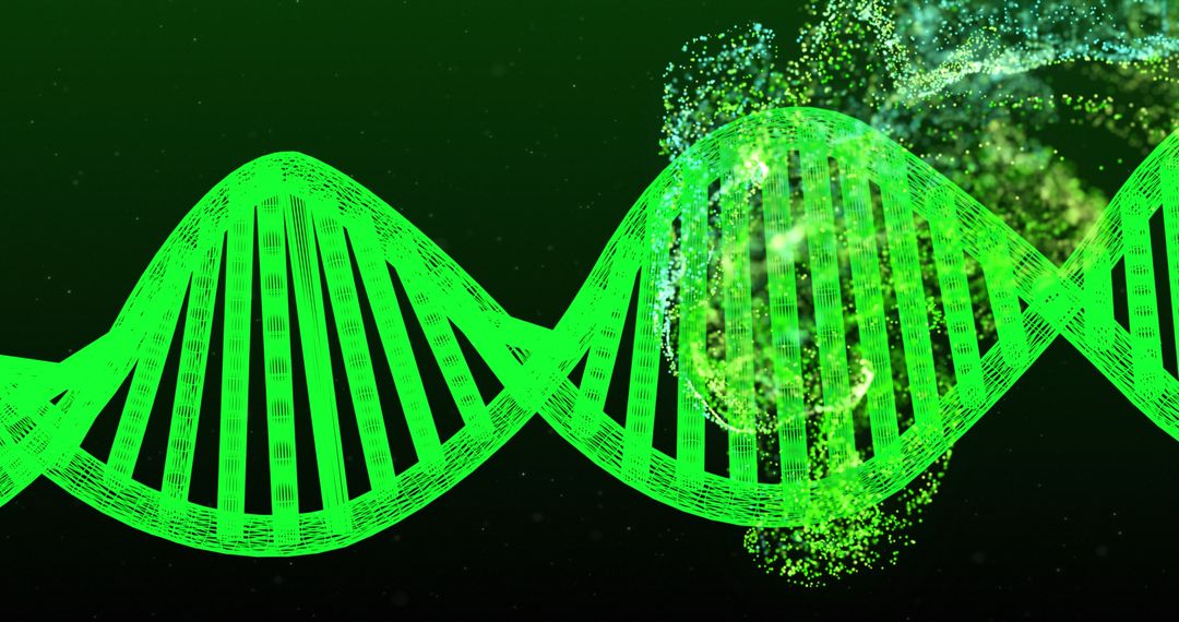 Futuristic DNA Strand with Green Particles on Black Background