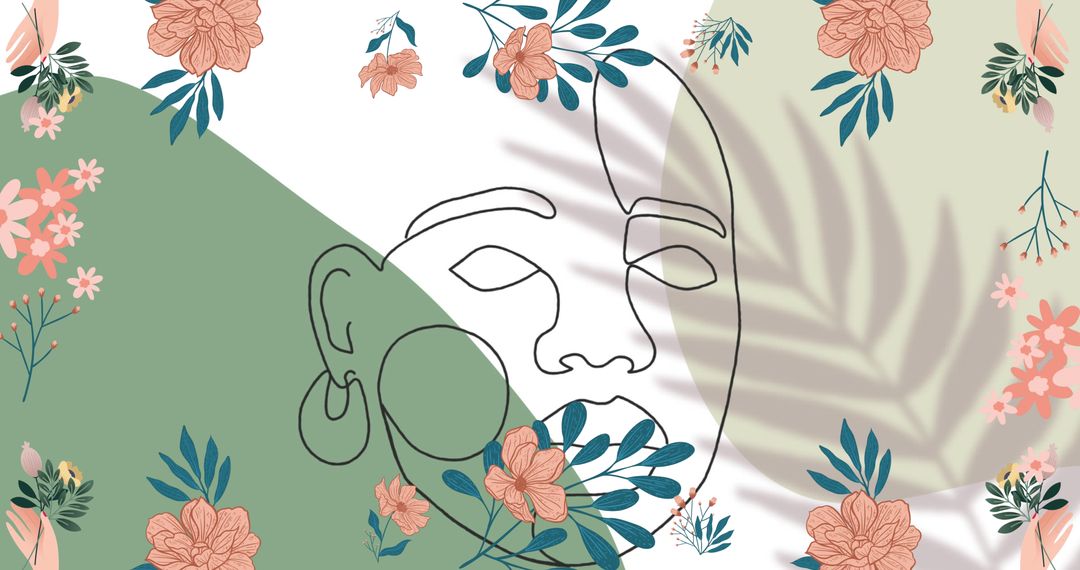 Abstract Floral Face Illustration with Leafy Elements