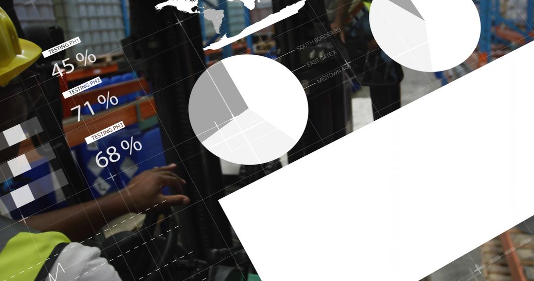 Warehouse Worker Operating Forklift with Financial Graphics Overlay