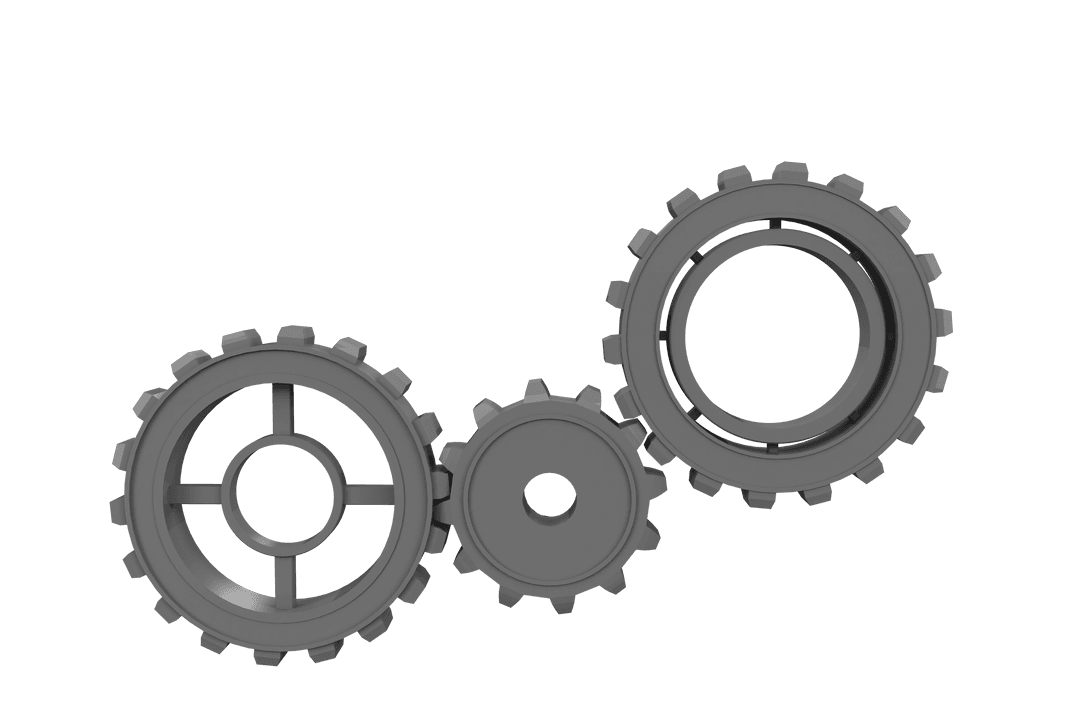 Three Interlocking Grey Cogs on Transparent Background