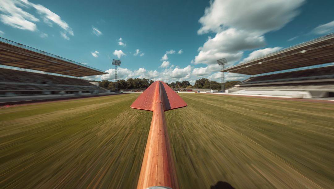 Pointing wooden javelin with red triangular fin racing across stadium field in motion blur