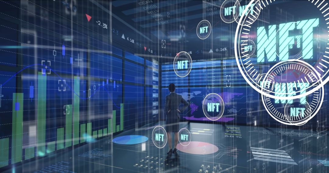 Businesswoman Analyzing NFT Markets in Futuristic Trading Hub